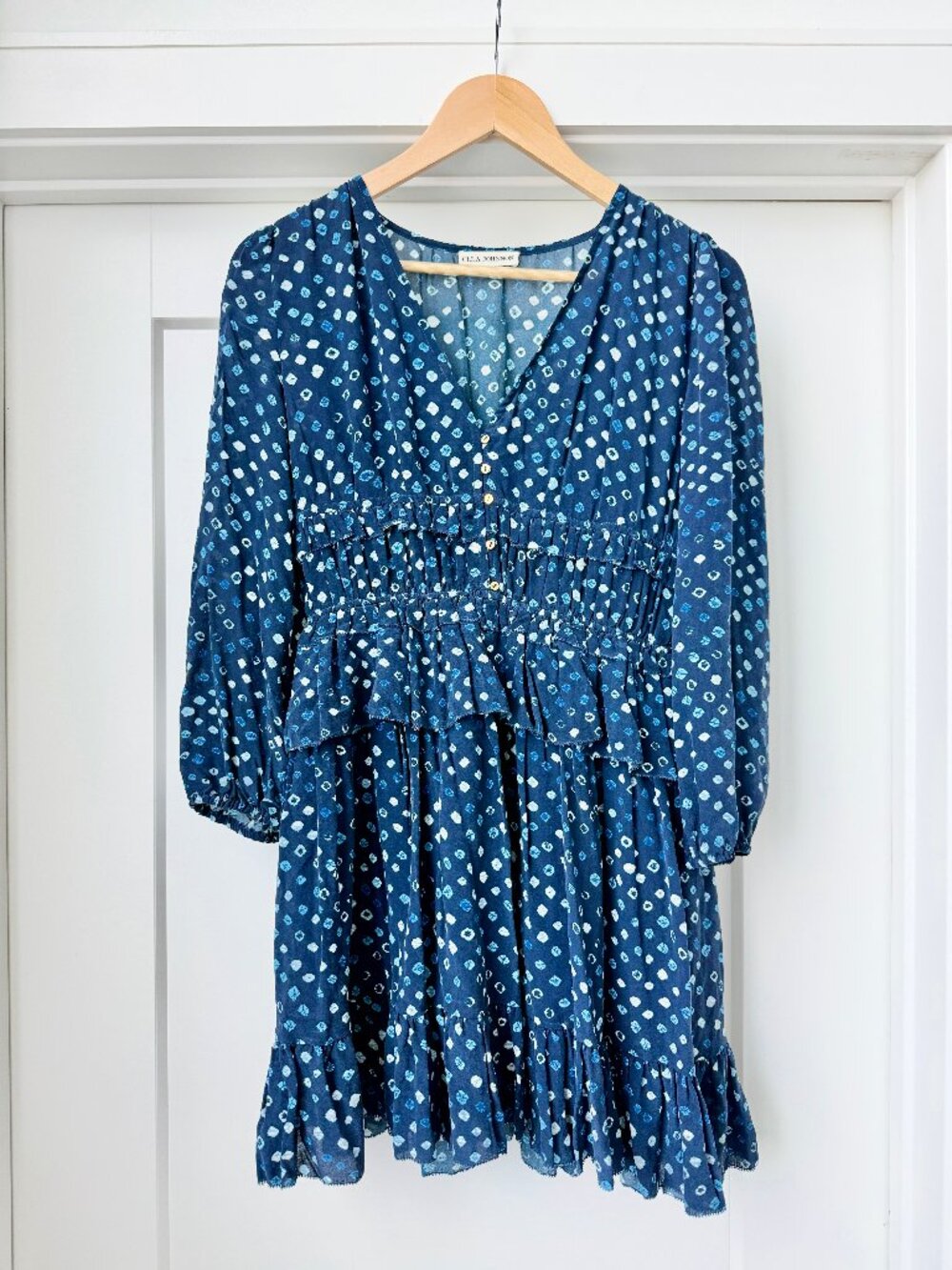 Ulla Johnson 100% Silk Navy Blue Shibori Print Ruffle Mini Dress Size 0 / XS